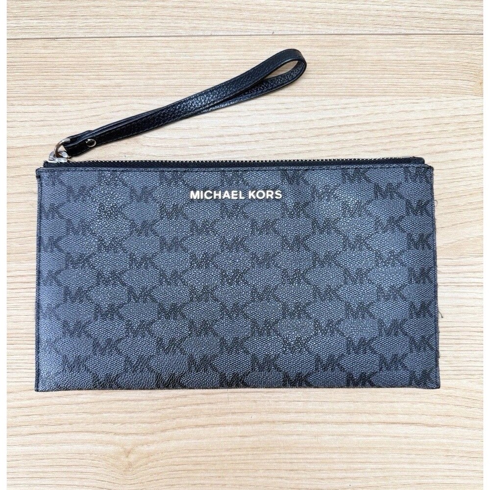 Michael Kors Logo Pattern Zip Wristlet Wallet Pouch Clutch Black Gray Monogram